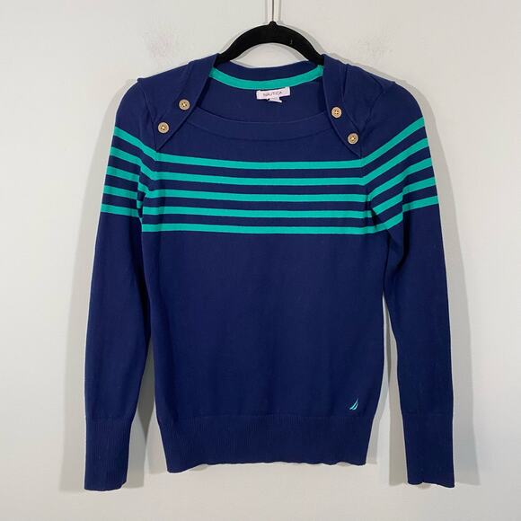 Nautica Navy & Green Striped Square Neck Sweater Size S Coastal Preppy - Picture 1 of 8